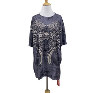 Romwe Tattoo Tie Dye Tee Womens M Medium Crown Roses Angel Wings Heart Shirt